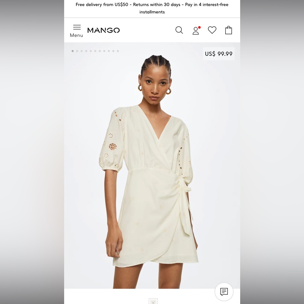 Mango Cream Wrap Mini Dress with Eyelet Puff Sleeves